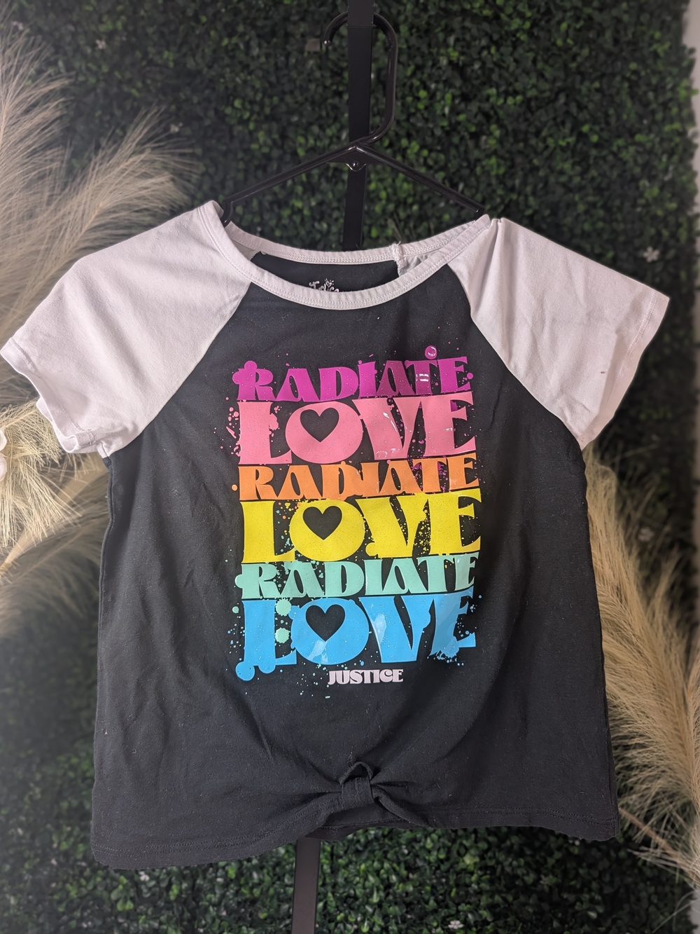 Justice Black Raglan Tee with Pink Yellow Blue Graphic